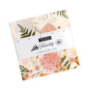 May include: A stack of fabric squares with floral patterns in peach, cream, and green. The fabric is wrapped with a white band that reads "Frivolity" and "by Sweetfire Road Design Co."