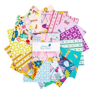May include: A collection of colorful fabric squares arranged in a circular pattern. The squares feature various patterns, including floral designs, geometric shapes, and travel-themed illustrations. The text "Genesis Journey" is visible on a white label.