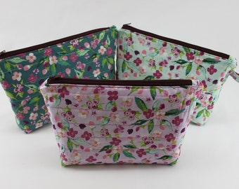 Quilted, Cosmetic Bag, Travel Bag, Zipper Pouch, Makeup Tote, Boxed Corners, Floral Cotton Fabric