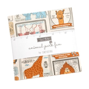 May include: A stack of fabric squares with an animal park theme. The squares feature illustrations of animals like giraffes, lions, and flamingos, along with ticket-style graphics. The text "animal park fun" is visible.