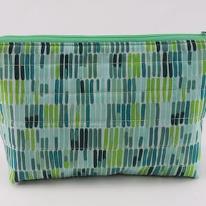 Cosmetic Bag, Travel Bag, Zipper Pouch, Makeup Tote, Green Stripe, Quilted Cotton, Boxed Corners