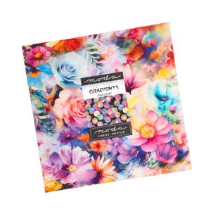 May include: A square stack of fabric squares featuring a vibrant, multi-colored floral print with shades of pink, blue, orange, and purple. A central label reads moda GRADIENTS GALLERY and moda FABRICS + SUPPLIES, with a small ruler graphic included.