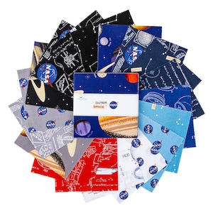May include: A set of 12 fabric squares featuring a space theme with NASA logos, planets, stars, and scientific illustrations. The squares are in various colors, including blue, red, white, black, and gray.