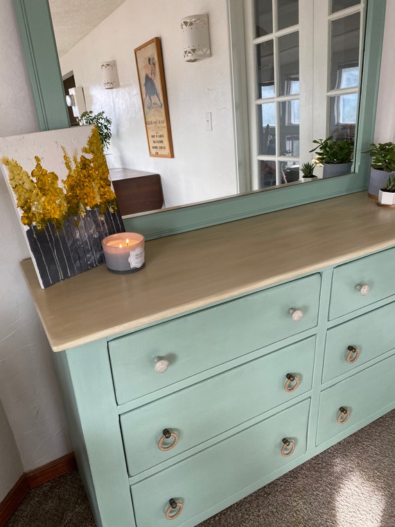 Hand Painted Vintage Ethan Allen Dresser With Large Mirror Pine