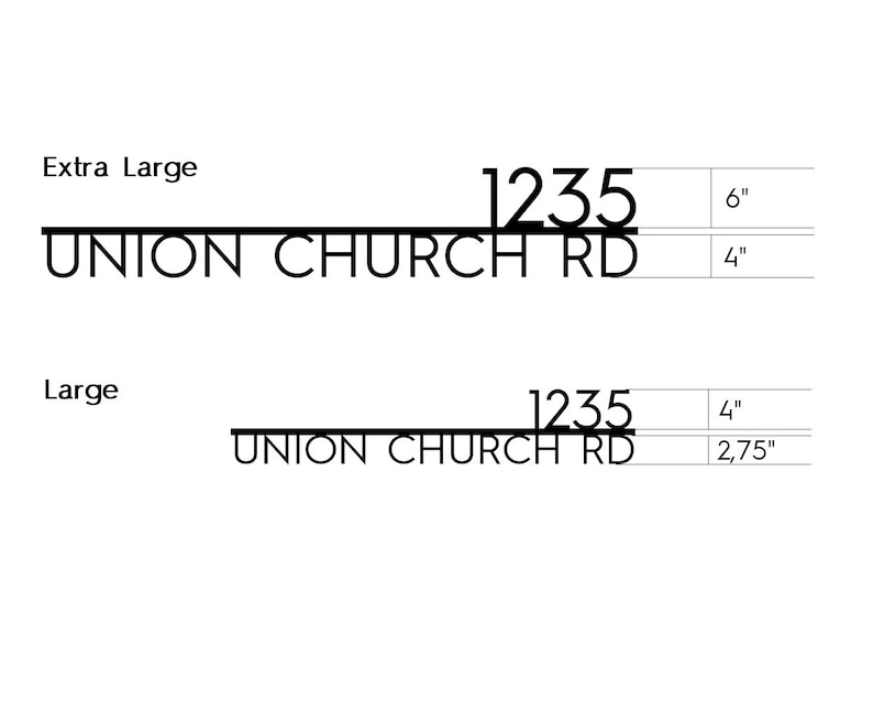 May include: A black and white image showing two different sizes of a street sign. The sign reads "UNION CHURCH RD" with the numbers "1235" above the street name. The larger sign is 6 inches by 4 inches and the smaller sign is 4 inches by 2.75 inches.