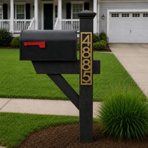 May include: A black metal mailbox with a red flag mounted on a dark wooden post. A vertical rectangular brass-colored metal plaque is attached to the post, featuring the house numbers 4885 in a bold, sans-serif font with circular screw holes.