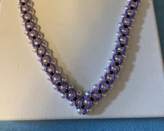 Purple and White Ombre Design - Hand-Made Faux Pearl with a Purple Triangle on top and a Black Center Necklace