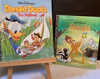 Two Classic Little Golden Books - Walt Disney's Donald Duck's Toy Sailboat and Bambi