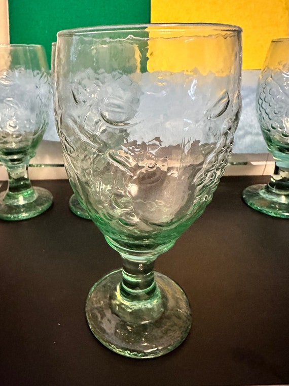 Vintage Libbey Glass Orchard Fruit Spanish Green WATER Goblets - Set of 4, Stemmed Water or Iced Tea Goblet, Weddings and Holiday Glassware