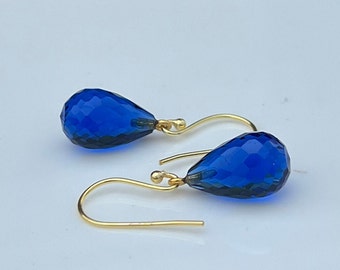 Royal Blue sapphire quartz Earrings, November Birthstone,Blue sapphire quartz Drop Earrings, smooth drop Jewelry Gift For Her.