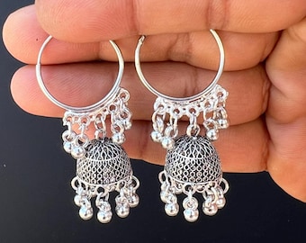 Oxidized Tiny Jhumka Hoop Earrings • Indian Oxidized Style Jhumka • Tiny Earrings • Hoops Earring • Oxidized Jhumka • Light Weight Earrings