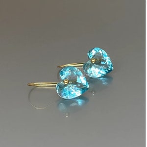 Gold Aquamarine Heart Earrings, November Birthstone, Aquamarine Drop Earrings, Aquamarine Jewelry Gift For Her.