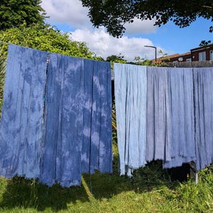 Peut inclure: Deux pièces de tissu bleu suspendues à une corde à linge. Le tissu de gauche présente un motif tie-dye, celui de droite un dégradé de bleus. L'arrière-plan montre de l'herbe verte, des arbres et un ciel bleu.