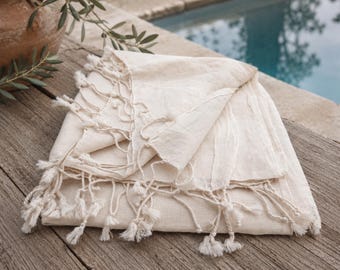 Natural cotton and linen blend Turkish Scarf: Lightweight Gauze Wrap, Boho Summer Shawl, Tassels