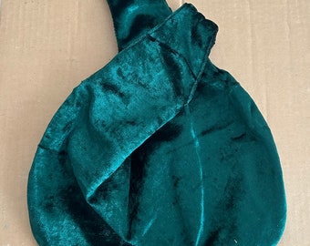 Green crushed velvet Japanese knot bag wristlet project bag knitting crochet
