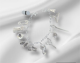 Knitting themed charm bracelet personalised knitter gift present