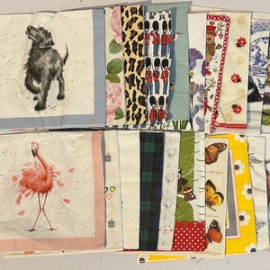 Puede incluir: Una colección de 20 servilletas de papel con varios diseños. Los diseños incluyen un perro negro, un flamenco rosa, un patrón de cuadros, un patrón floral, un grupo de soldados, una mariposa y una mariquita.