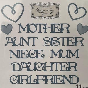 May include: A sheet of blue die-cut paper embellishments. The sheet features the words "MOTHER", "AUNT", "SISTER", "NIECE", "MUM", "DAUGHTER", and "GIRLFRIEND", along with heart shapes and the text "From Phill Martin, Sentimentally Yours".