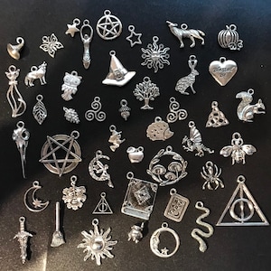 45 assorted Pagan Wiccan Witch Silver tone charms