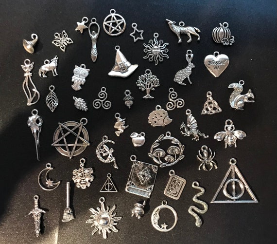 45 Assorted Pagan Wiccan Witch Silver Tone Charms 