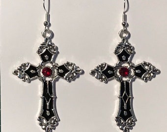 Large cross earrings Tibetan silver with black enamel inlay