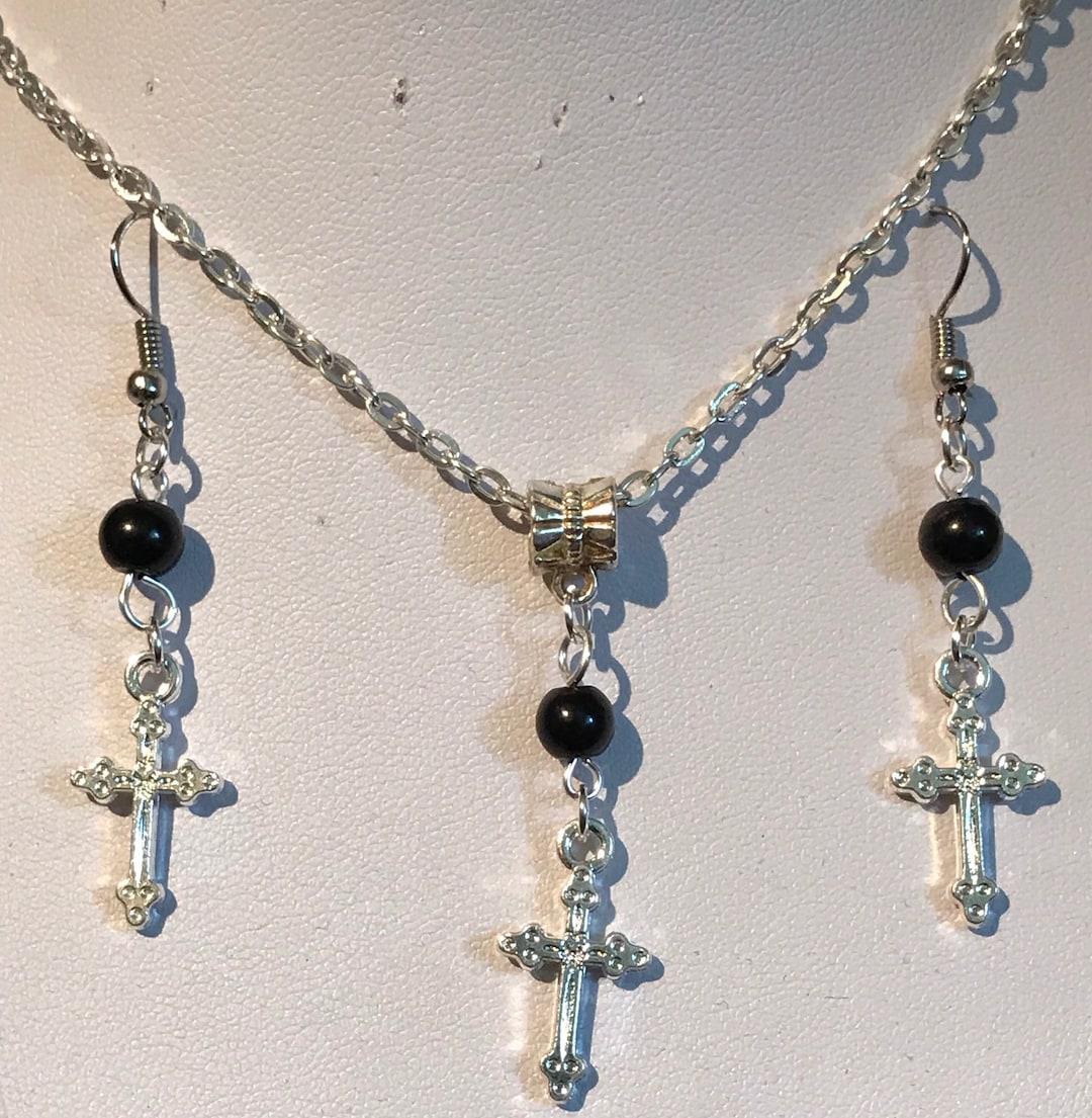 Cross Necklace and Earring Set Black Beads Etsy