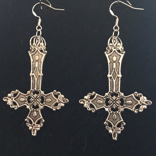Large inverted cross earrings satanic jewellery/ black magic /punk /gothic antique silver colour