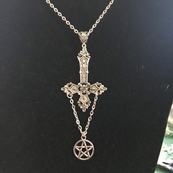 Inverted cross and pentagram necklace satanic necklace/ occult jewellery upside down cross gothic / punk