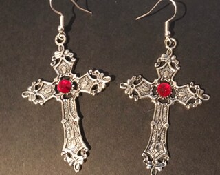 Orecchini Tibetani Pendenti A Croce Lunga, Argento E Cristallo, Chiusura A Leva, Nuovi