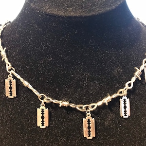 Barbed wire and razor blade charm necklace  earrings punk emo gothic