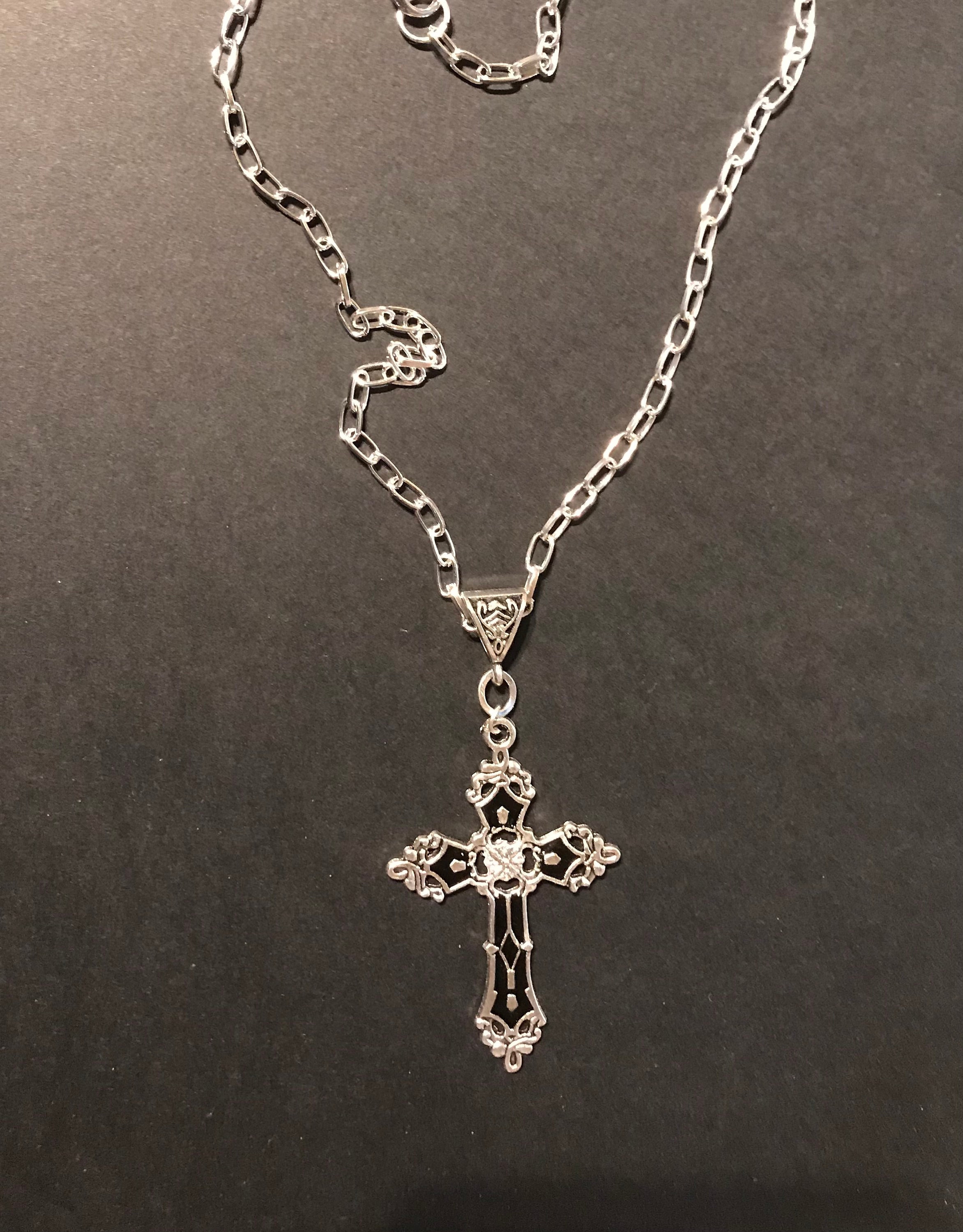 Large Cross on a Chunky Chain gothic Tibetan silver with black enamel insert