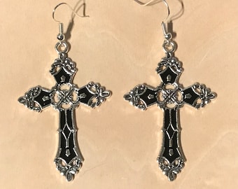 Large cross earrings Tibetan silver with black enamel insert