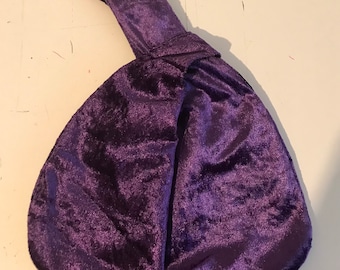 Japanese style knot bag purple crushed velvet wristlet project bag