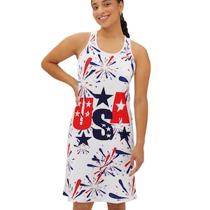 Patriotic Dress July 4th Dress Independence Day Women&#39;s Racerback Dress USA America Red White Blue Dress
