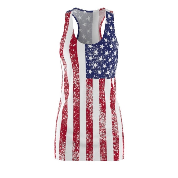 patriotic women's dress Anna-Kaci American Flag Sequin V-Neck Sleeveless USA Striped Glitter Tank Mini Dress, XL 16-18 / Multicolored This stylish sundress features a vibrant American flag print Patriotic Racerback Dress, 4th of