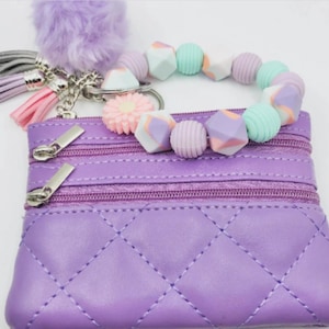 Titular de la tarjeta del llavero de la cartera lila / llavero de cuentas de silicona / llavero con la cartera / titular de la tarjeta de crédito / cartera pequeña mujeres niñas