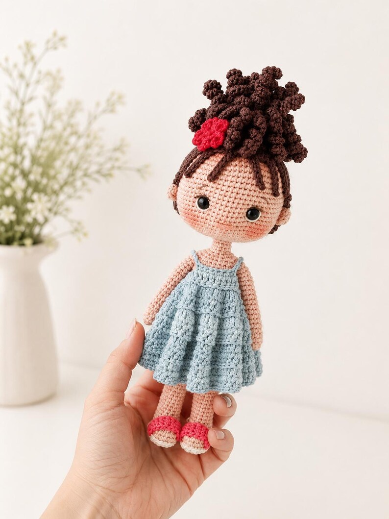 Pu&ograve; includere: Una bambola all'uncinetto fatta a mano con capelli ricci castano scuro raccolti in uno chignon alto con un piccolo fiore rosso. La bambola ha un incarnato color pesca chiaro, occhi neri e indossa un abito azzurro senza maniche con gonna a balze.