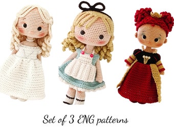 set of 3  ENGLISH patterns Alice in wonder land pattern, red queen pattern,white queen pattern amigurumi dolls patterns, 3 in 1 doll pattern