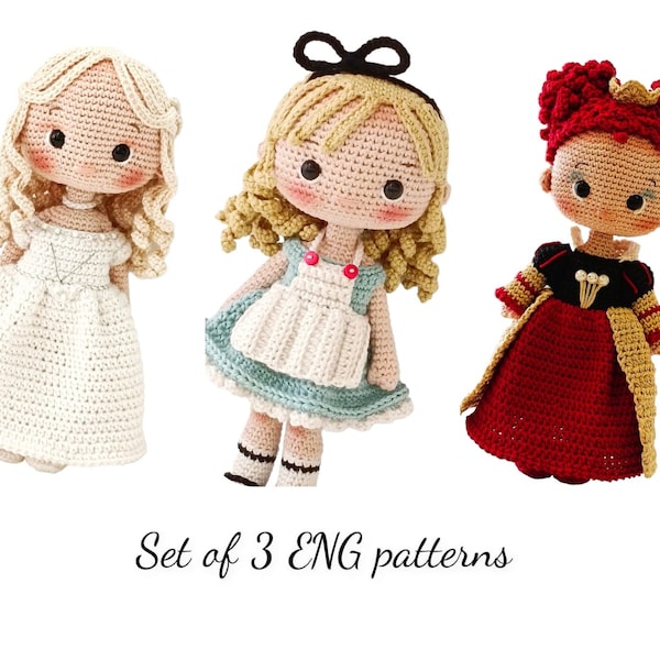 set of 3  ENGLISH patterns Alice in wonder land pattern, red queen pattern,white queen pattern amigurumi dolls patterns, 3 in 1 doll pattern