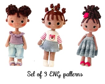 Set de 3 patrones ENG muñeca amigurumi, patrón muñeca Lola, patrón muñeca Zuri, patrón muñeca Lily, muñecas amigurumi tutoriales