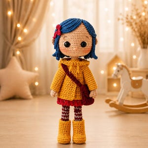 May include: A crocheted doll with blue hair, a small red hair clip, and large black button eyes. The doll wears a yellow hooded jacket, a red skirt, maroon and white striped leggings, yellow boots, and carries a dark red crossbody bag.