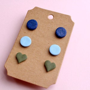 Blue Glitter & Green Stud Earring Set - Handmade w/ Polymer Clay