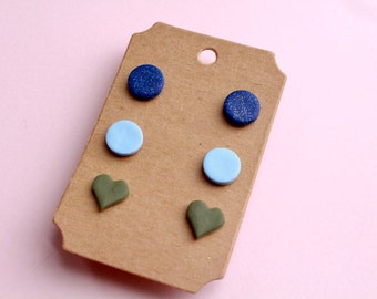 Blue Glitter & Green Stud Earring Set - Handmade w/ Polymer Clay