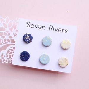 Stud Earrings - Blue with Gold Accents - Handmade with Polymer Clay