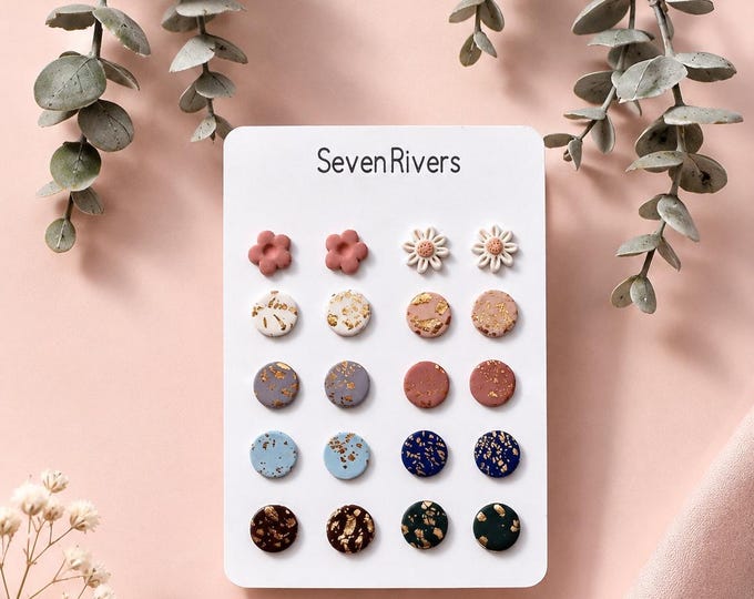 10-Pair Polymer Clay Stud Earring Set | Gold