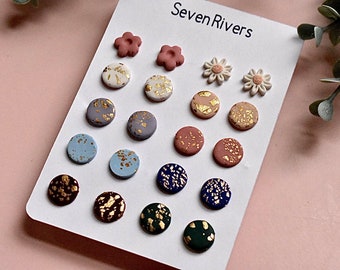 Clay Stud Earrings (10 Pairs) - Gold Accents - Medium - Handmade with Polymer Clay