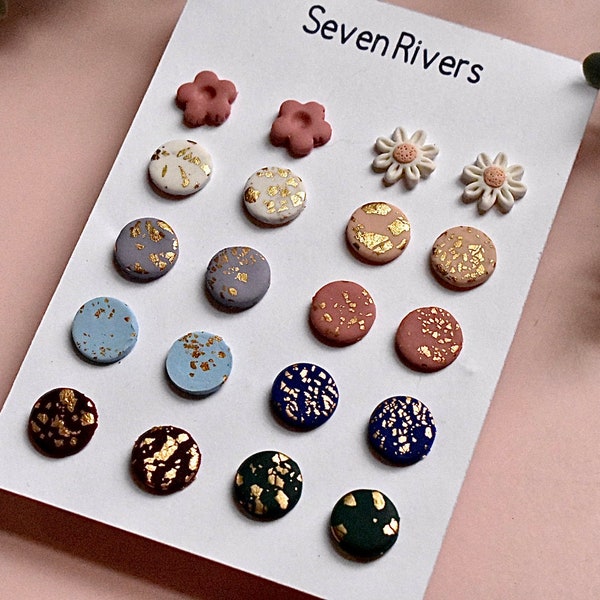 Clay Stud Earrings (10 Pairs) - Gold Accents - Medium - Handmade with Polymer Clay