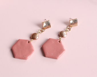 Rose and Gold Geometrical Dangle Earrings - Handmade Polymer Clay Earrings