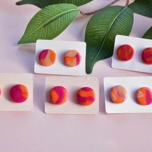 Stud Earrings - Hot Pink/Orange & Beige  - Handmade with Polymer Clay