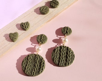 Green Knit Pattern - Polymer Clay Earrings